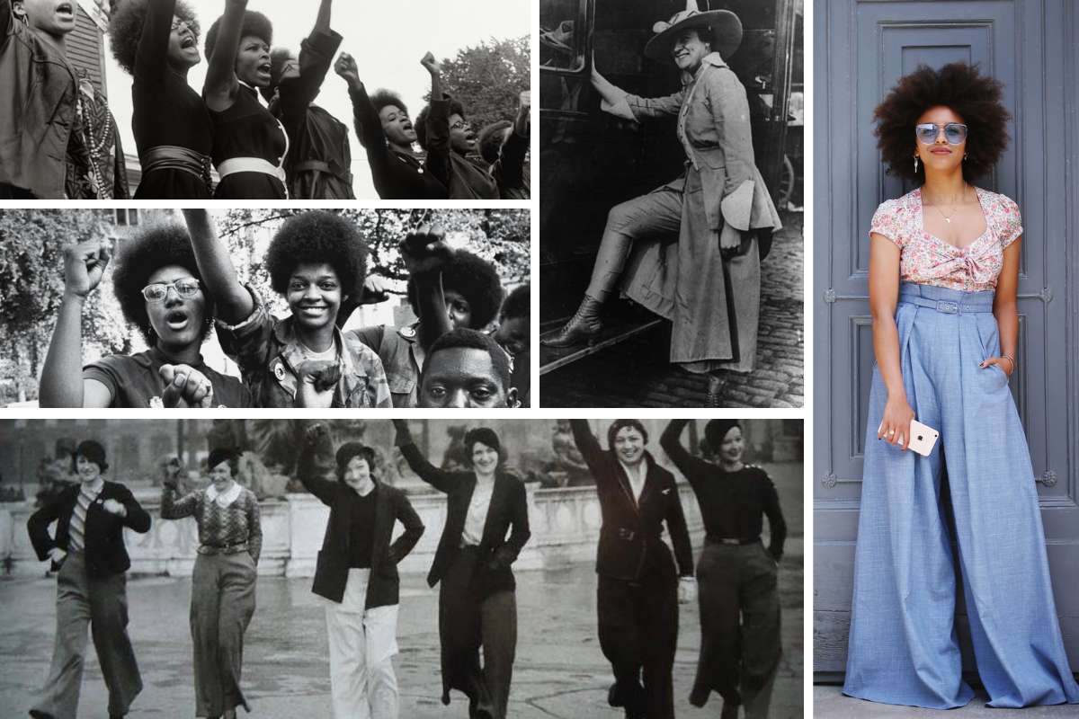 Uma peça de roupa e um penteado: o cotidiano que se tornou símbolo de movimentos históricos – isso é moda.Fonte: https://blog.conscienciajeans.com.br/dia-da-mulher-um-ato-de-forca-e-revolucao/ e https://www.megacurioso.com.br/artes-cultura/118297-black-power-a-origem-do-penteado-de-luta-e-poder.htm