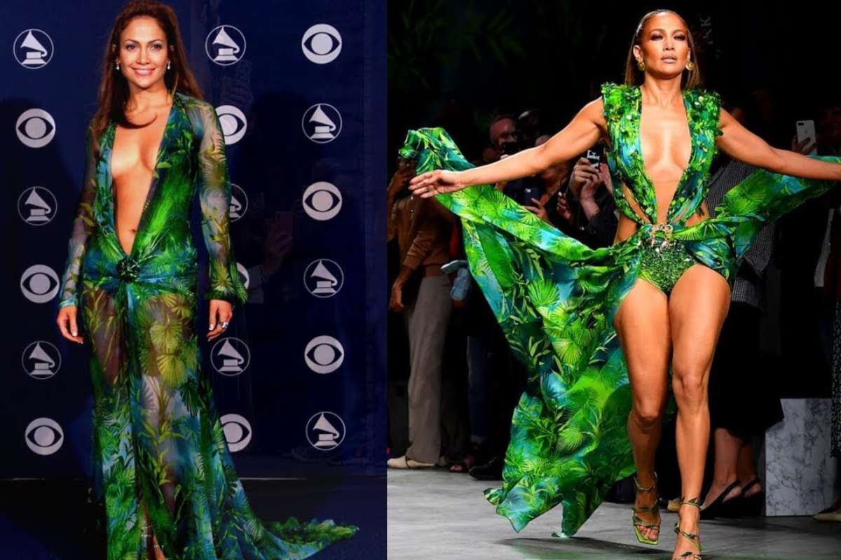 O icônico vestido Versace de JLo quebrou padrões e inspirou a criação do Google Imagens, tornando-se um marco na moda e na tecnologia.Fonte: Pinterest - Canva