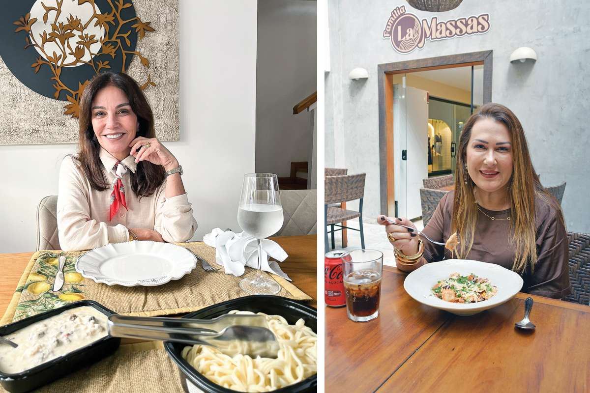 Rita Menezes (à esquerda) é amiga de longa data de Cema. Para ela, o sabor atravessa gerações. Ela era cliente das massas congeladas e agora também degusta os pratos prontos na nova loja.| Poliana Favero conheceu o Familia La Massas há três anos eficou encantada com a qualidade das massas artesanais. (Foto Alle Tavares)