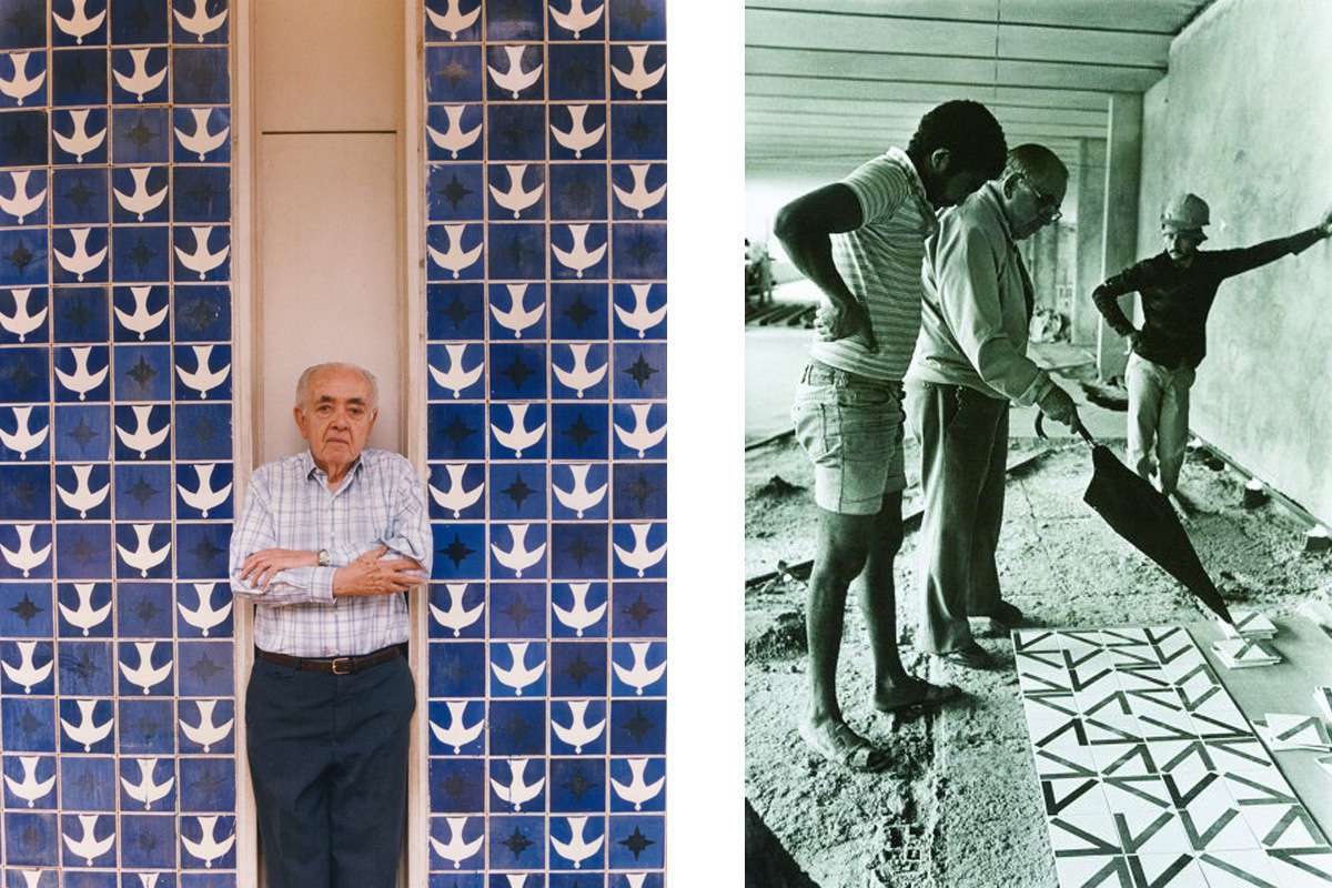 À esquerda - Athos Bulcão em frente a um de seus icônicos painéis de azulejos na Igrejinha de Nossa Senhora de Fátima, em Brasília. Athos orientando funcionários na colocação os azulejos da obra do Hospital Sarah em Brasília. Fonte: Arquivo Fundação Athos Bulcão.
