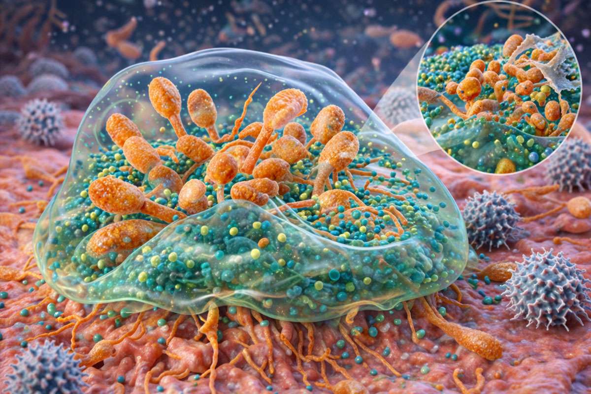 Imagem ilustrativa: Fungo Candidaalbicans protegido por um biofilme que dificulta a sua eliminação