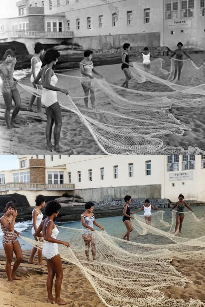 Henrique Pontes usa técnicas de IA para colorizar e revitalizar fotos históricas de Macaé, como as mulheres com a rede na Praia da Imbetiba, ao lado do Grande Hotel Balneário, na década de 1960. (Arquivo)