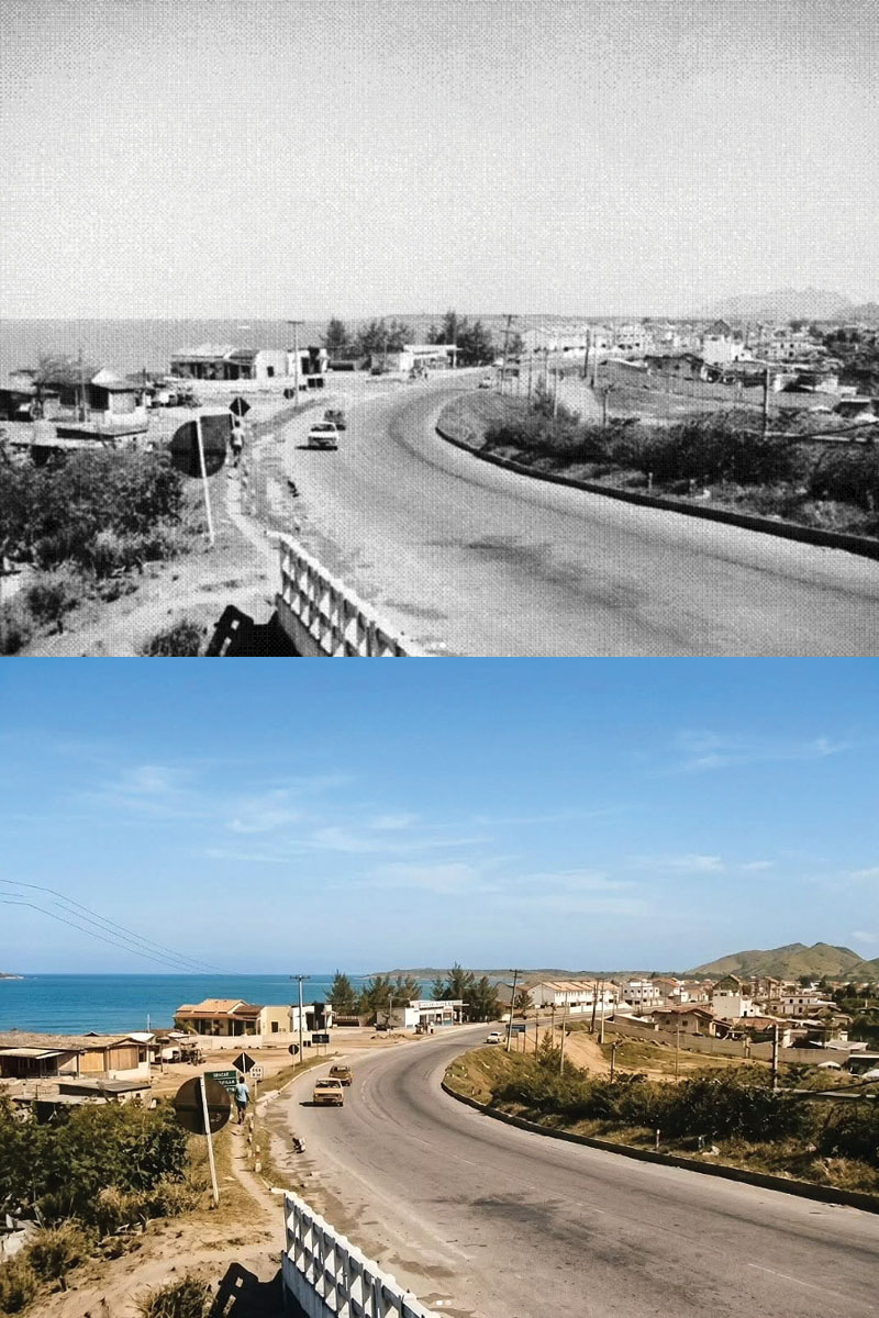 A Rodovia Amaral Peixoto, na descida do antigo Viaduto, com o começo da Praia Campista, no início da sua ocupação, na década de 1980. (Arquivo)